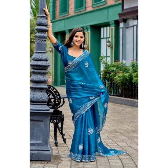 Generic Women's Faux Shimmer Motif Ready to wear Saree With Unstitched Blouse 5.5Mtr (Blue) Generic Women's Faux Shimmer Motif Ready to wear Saree With Unstitched Blouse 5.5Mtr (Blue)