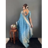 Generic Women's Satin Printed Saree With Unstitched Blouse 5.5Mtr (light Blue)