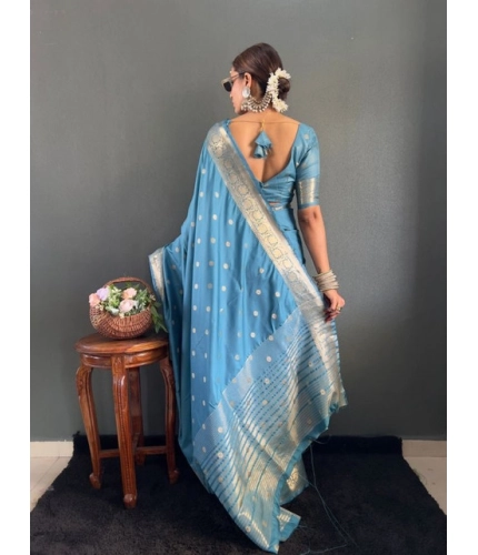 Generic Women's Satin Printed Saree With Unstitched Blouse 5.5Mtr (light Blue)