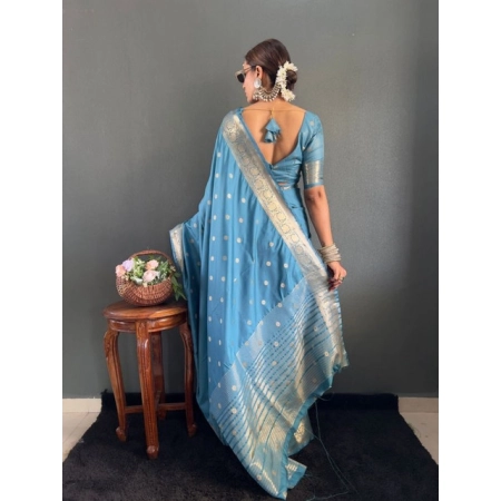 Generic Women's Satin Printed Saree With Unstitched Blouse 5.5Mtr (light Blue)