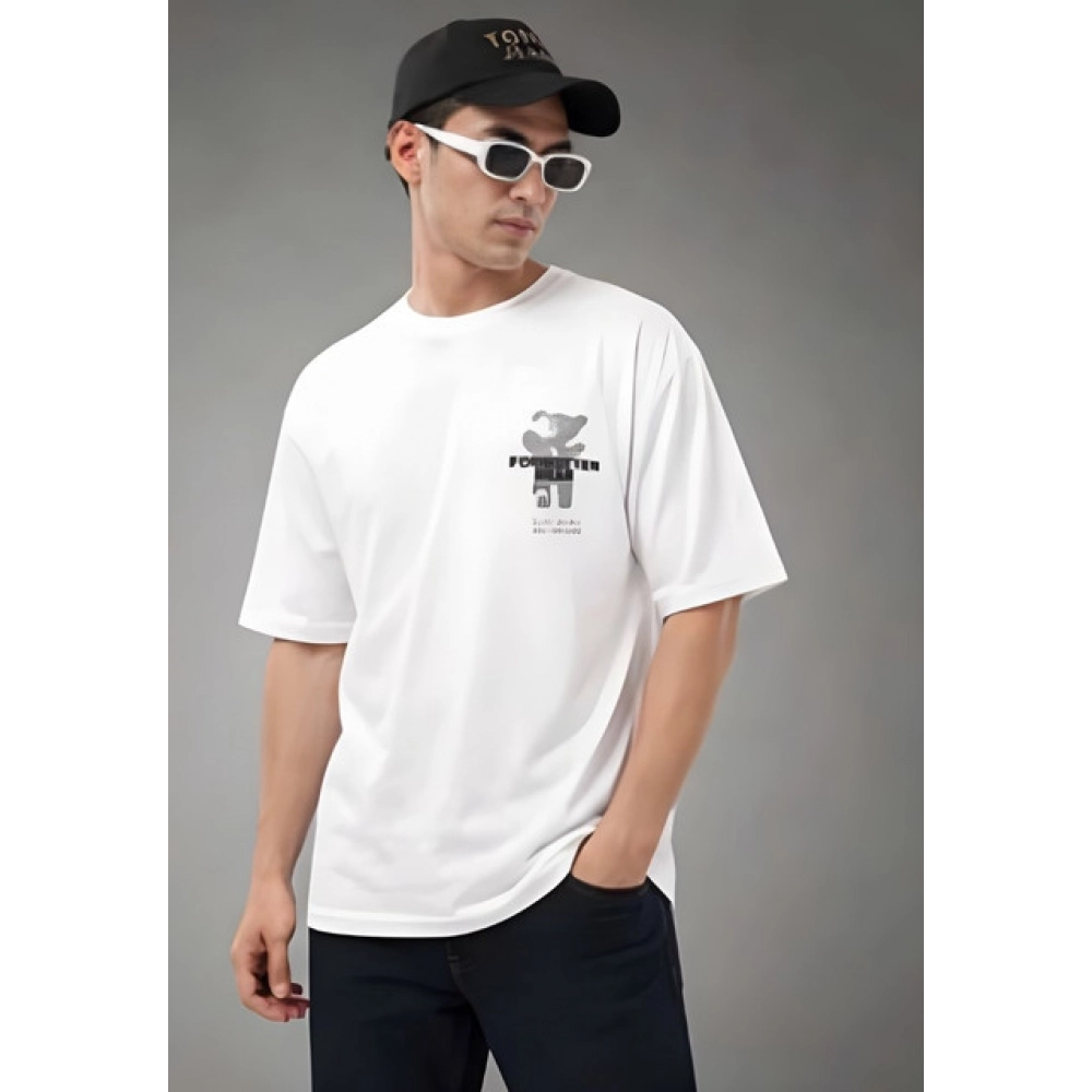 Generic Men's Cotton Blend Printed Oversized Round Neck Half Sleeve T-Shirt (White)