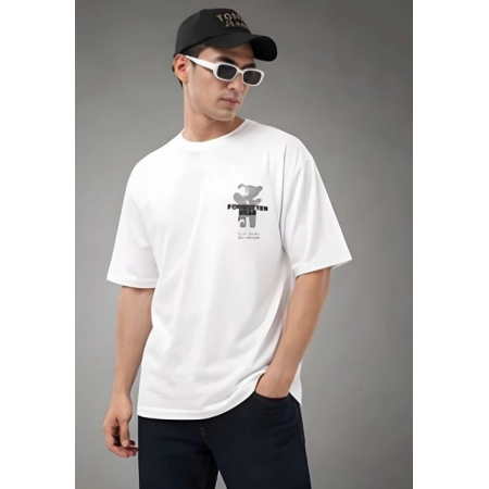 Generic Men's Cotton Blend Printed Oversized Round Neck Half Sleeve T-Shirt (White)