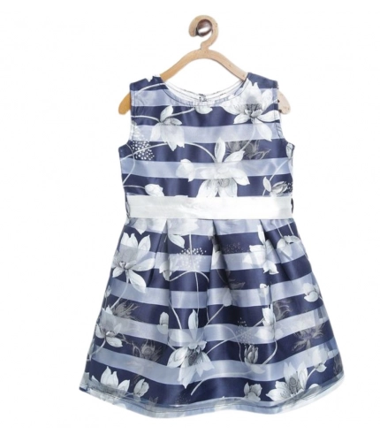 Generic Girl's Polyester Striped Sleeveless Dress (Navy Blue)