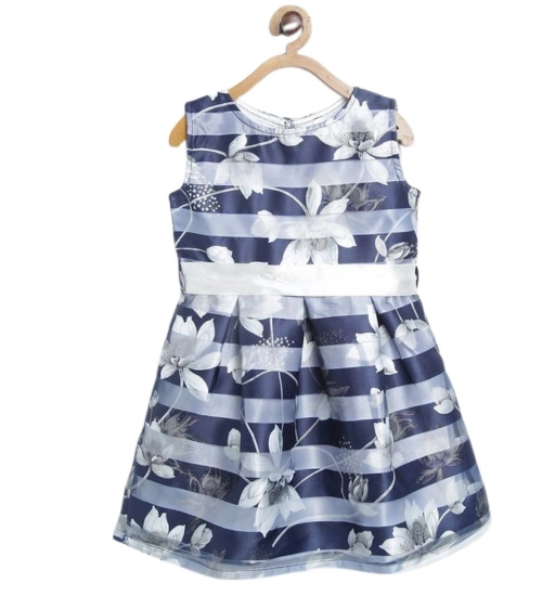 Generic Girl's Polyester Striped Sleeveless Dress (Navy Blue)