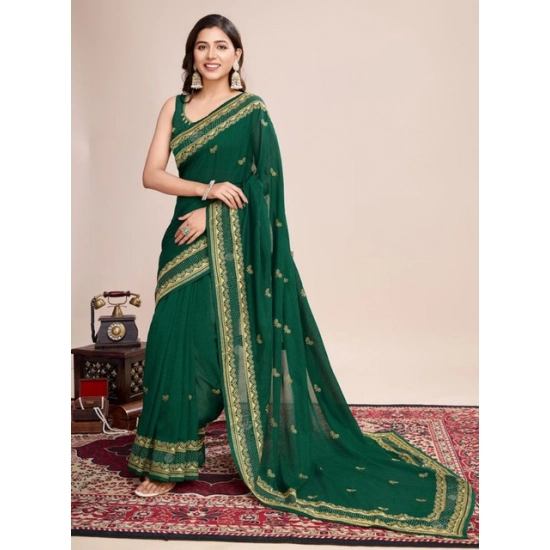 Generic Women's Vichitra Silk Embroidery Work Saree With Unstitched Blouse 5.5Mtr (Green)
