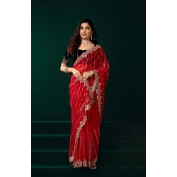 Generic Women's Net Sequence Saree With Unstitched Blouse 5.5Mtr (Red)