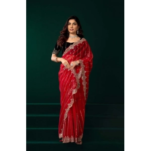 Generic Women's Net Sequence Saree With Unstitched Blouse 5.5Mtr (Red)