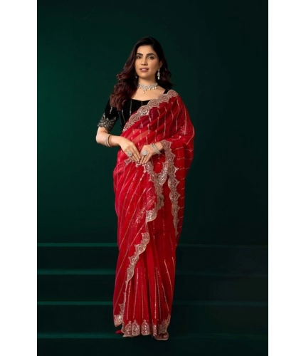 Generic Women's Net Sequence Saree With Unstitched Blouse 5.5Mtr (Red)