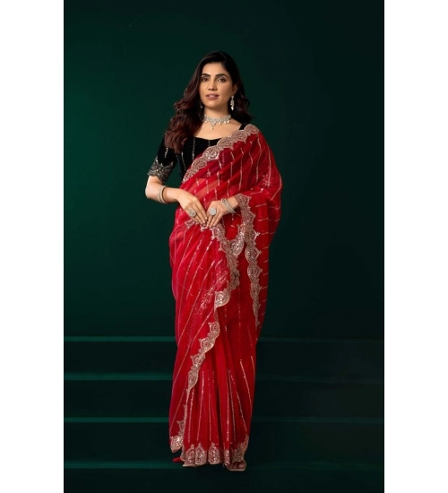 Generic Women's Net Sequence Saree With Unstitched Blouse 5.5Mtr (Red)