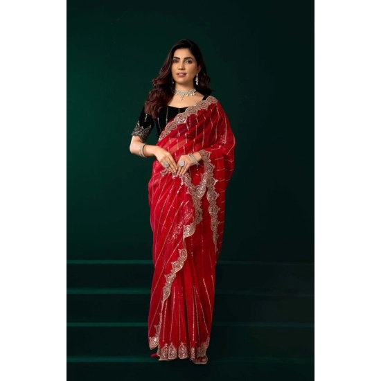 Generic Women's Net Sequence Saree With Unstitched Blouse 5.5Mtr (Red)