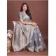 Generic Women's Linen Cotton Printed Saree With Unstitched Blouse 5.5Mtr (Grey)