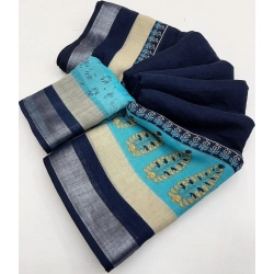 Generic Women's Cotton Linen Printed Saree With Unstitched Blouse 5.5Mtr (Blue)