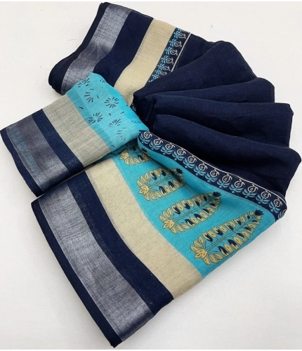 Generic Women's Cotton Linen Printed Saree With Unstitched Blouse 5.5Mtr (Blue)