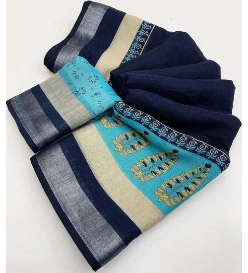 Generic Women's Cotton Linen Printed Saree With Unstitched Blouse 5.5Mtr (Blue)
