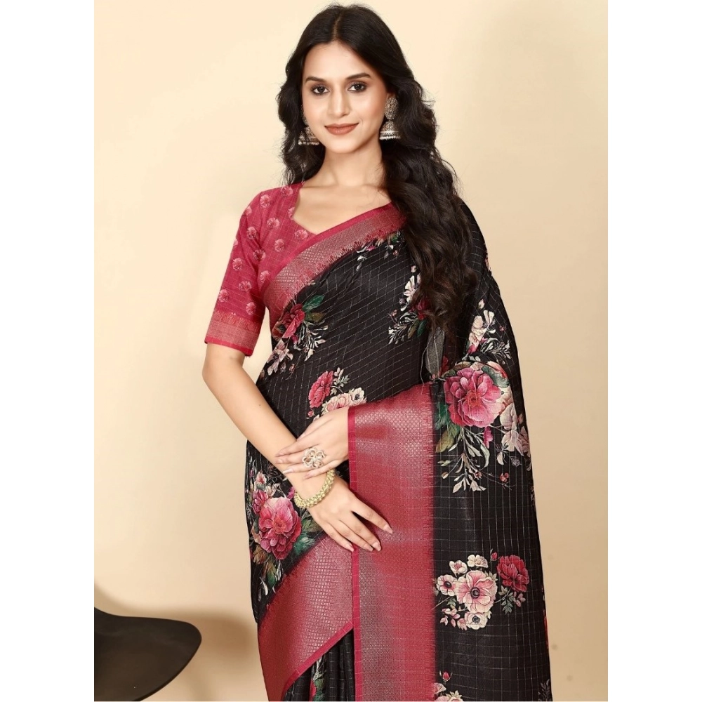 Women’s Cotton Silk Floral Printed Saree With Unstitched Blouse 5.5Mtr (Black)
