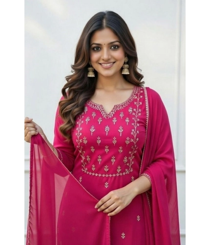 Generic Women's Georgette Ethnic Motif Round 3/4th Sleeve Kurti With Pant Dupatta Set (Pink)