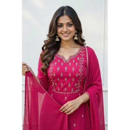 Generic Women's Georgette Ethnic Motif Round 3/4th Sleeve Kurti With Pant Dupatta Set (Pink)