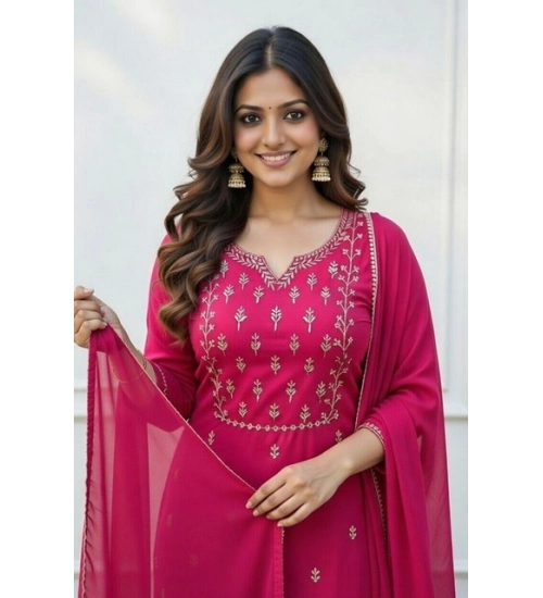 Generic Women's Georgette Ethnic Motif Round 3/4th Sleeve Kurti With Pant Dupatta Set (Pink)