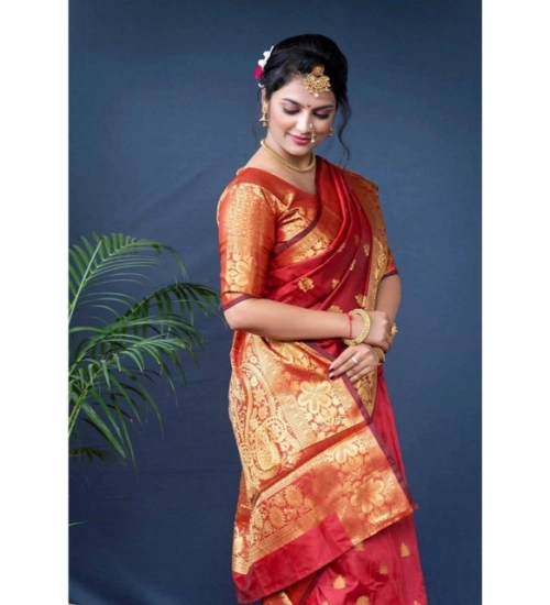 Generic Women's Soft Litchi Silk Jacquard Work Saree With Unstitched Blouse 5.5Mtr (Red)