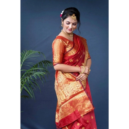 Generic Women's Soft Litchi Silk Jacquard Work Saree With Unstitched Blouse 5.5Mtr (Red)