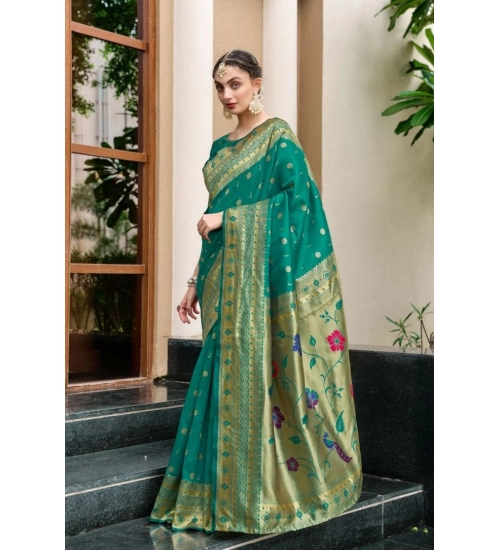 Generic Women's Silk Blend Paithani Weaving Saree With Unstitched Blouse 5.5Mtr (Green)