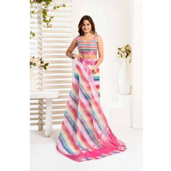 Generic Women's Faux_Linen Printed Ready-to-Wear Saree With Unstitched Blouse 5.5 Mtr (Multicolor)