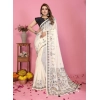 Generic Women's Linen Cotton Printed Saree With Unstitched Blouse 5.5Mtr (Off White)