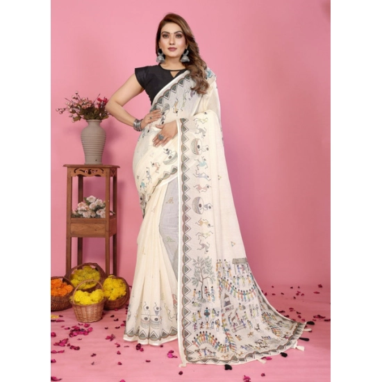 Generic Women's Linen Cotton Printed Saree With Unstitched Blouse 5.5Mtr (Off White) Generic Women's Linen Cotton Printed Saree With Unstitched Blouse 5.5Mtr (Off White)