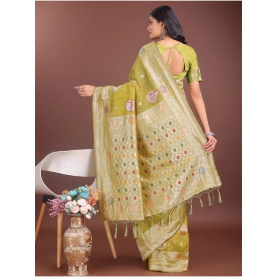 Generic Women's Linen Cotton Printed Saree With Unstitched Blouse 5.5Mtr (Mustrad)