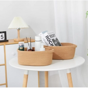 Generic Cotton 2 Pcs 10x7x4 Inch Oval Storage Basket For Clothes (Beige)