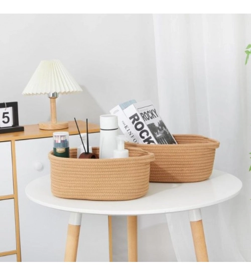 Generic Cotton 2 Pcs 10x7x4 Inch Oval Storage Basket For Clothes (Beige)
