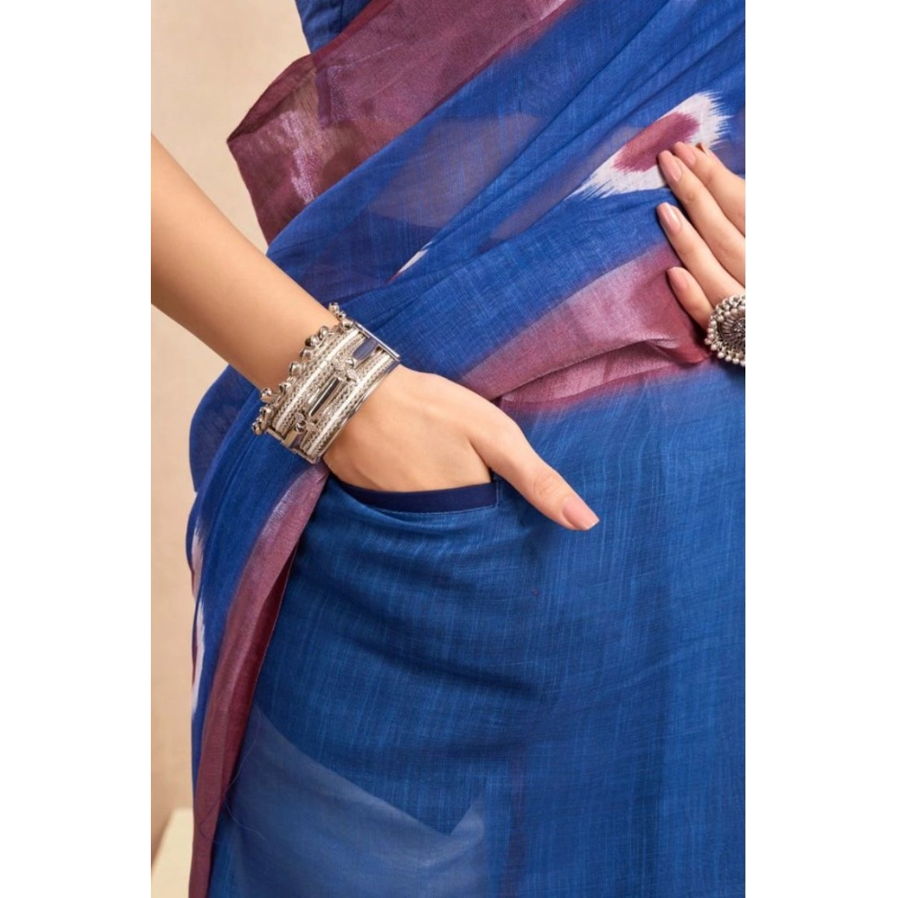 Women's Faux Linen Printed Ready to wear Saree With Unstitched Blouse 5.5Mtr (Blue)