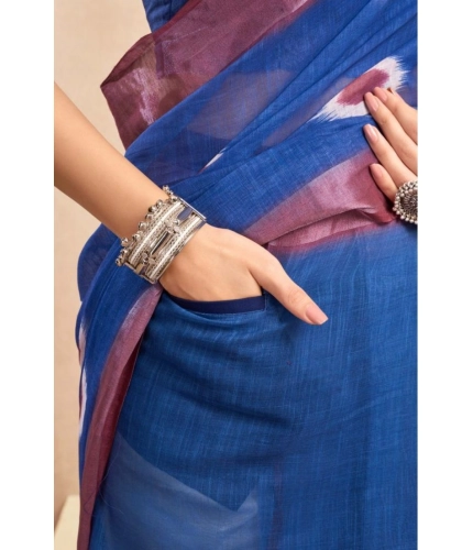 Generic Women's Faux Linen Printed Ready to wear Saree With Unstitched Blouse 5.5Mtr (Blue)