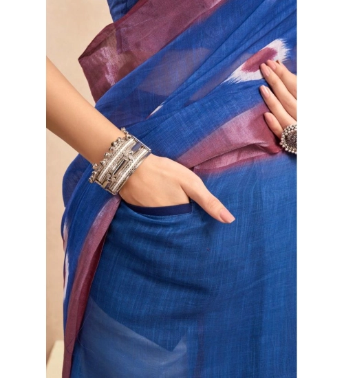 Generic Women's Faux Linen Printed Ready to wear Saree With Unstitched Blouse 5.5Mtr (Blue)