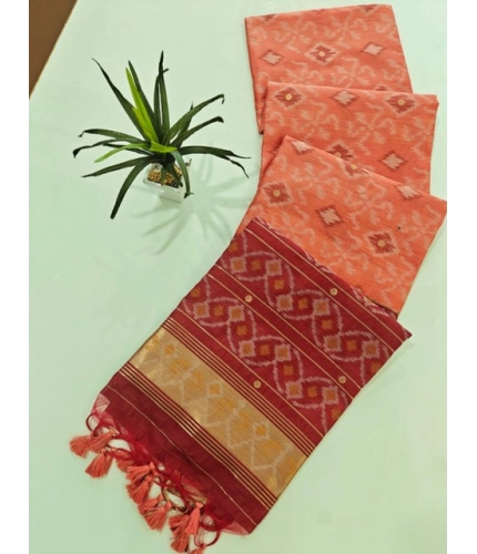 Generic Women's Raw Silk Ikkat Saree With Unstitched Blouse 5.5Mtr (Peach)