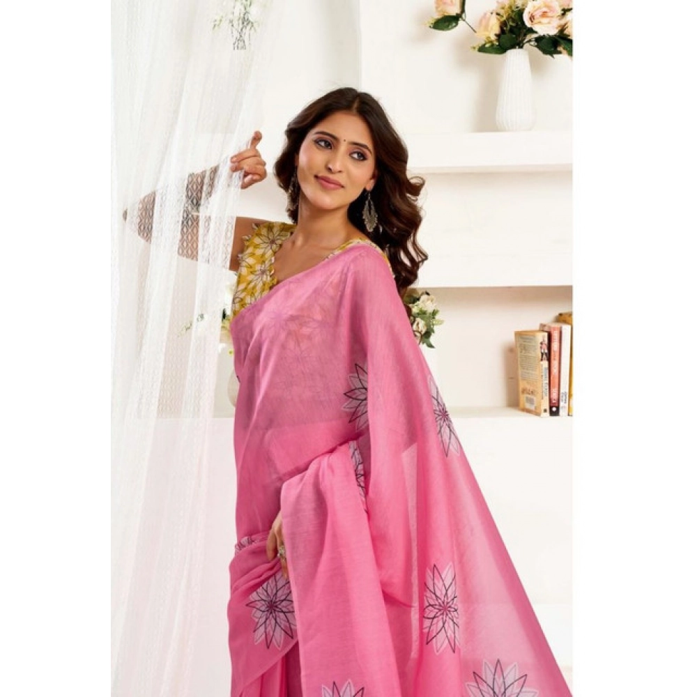 Generic Women's Faux Linen Floral Print Ready to wear Saree With Unstitched Blouse 5.5Mtr (Pink)