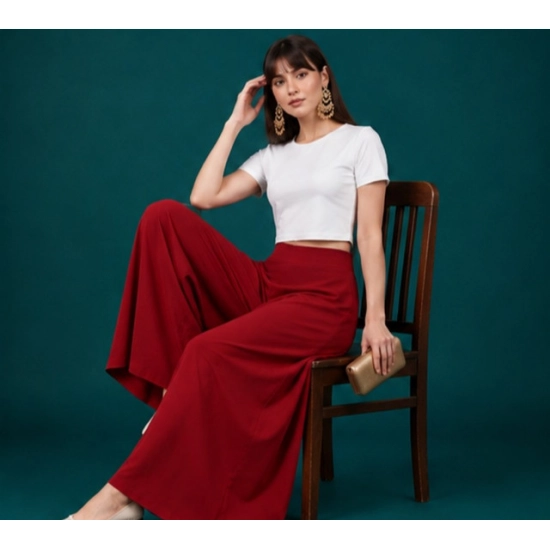 Generic Women's Georgette Solid Mid-Rise Wide Leg Flared Palazzo Pants with Elastic Waist (Maroon) Generic Women's Georgette Solid Mid-Rise Wide Leg Flared Palazzo Pants with Elastic Waist (Maroon)