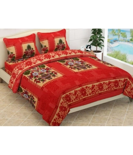 Generic Fleece Floral Printed Double Polar Warm Bedsheet with 2 Pillow Cover (Red)