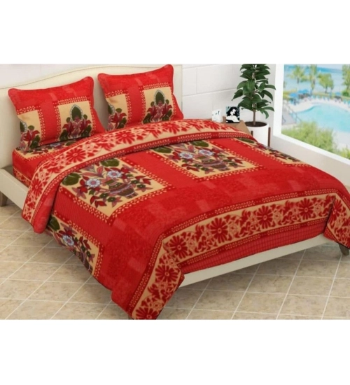 Generic Fleece Floral Printed Double Polar Warm Bedsheet with 2 Pillow Cover (Red)