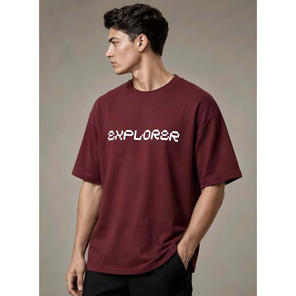 Generic Men's Cotton Blend Printed Oversized Round Neck Half Sleeve T-Shirt (Maroon)