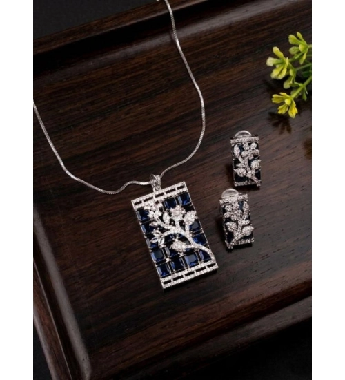 Generic Women's Brass Silver Plated Pendant Set (Blue)