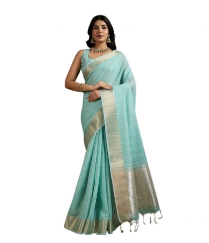 Generic Women's Tissue Checks_With_Buttis Saree With Unstitched Blouse 5.5Mtr (Aqua_Blue)