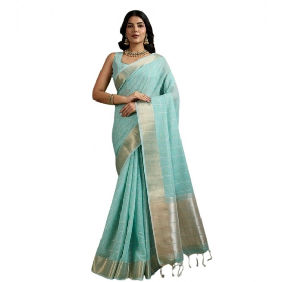 Generic Women's Tissue Checks_With_Buttis Saree With Unstitched Blouse 5.5Mtr (Aqua_Blue)