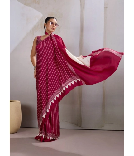 Generic Women's Satin Crepe Printed Saree With Unstitched Blouse 5.5Mtr (Maroon)