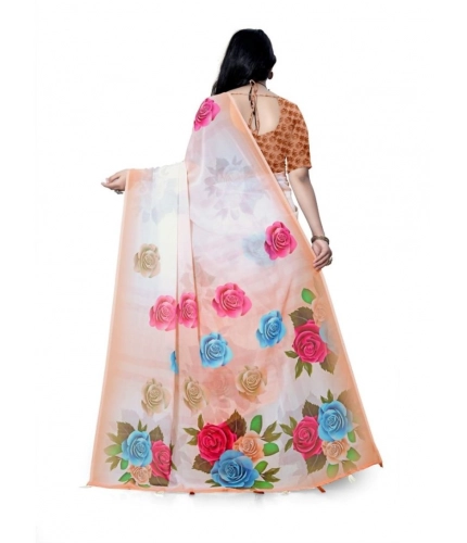 Generic Women's Georgette Floral Printed Saree With Unstitched Blouse 5.5Mtr (Orange)