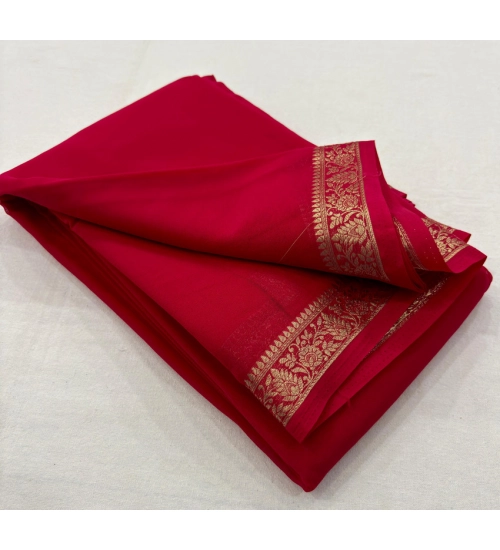 Generic Women's Crepe Chit Pallu Solid Saree With Unstitched Blouse 5.5Mtr (Red)