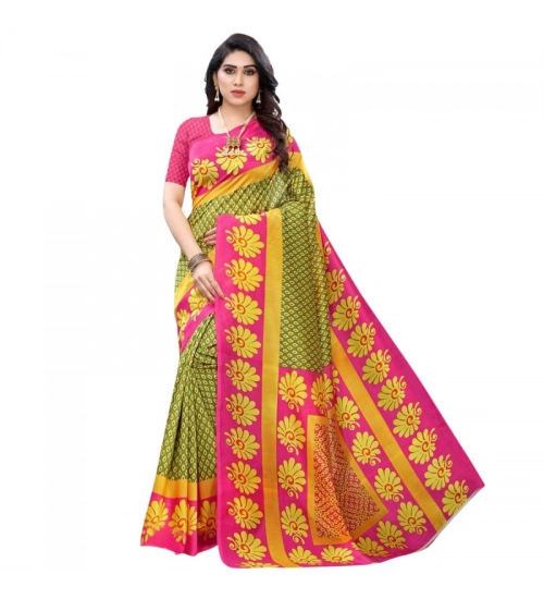 Generic Women's Litchi silk Printed Saree With Unstitched Blouse  5-6 Mtrs (Green)