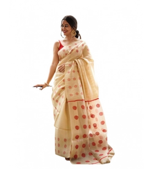 Generic Women's Soft Lilan Printed Saree With Unstitched Blouse 5.5Mtr (Cream)