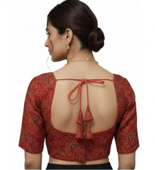 Generic Women's Ajrakh Cotton Round Neck Padded Blouse (Red, 38 Ready Size (Self-Alterable 36–40)