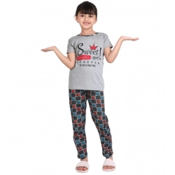 Generic Girl's Cotton Hosiery Printed Night Suit Set (Grey-Red)
